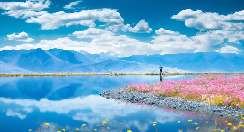 蓝天背景下湖面成镜摄影真实花草成片,高清,摄影图,摄影图片,图片大全,摄影图免费下载